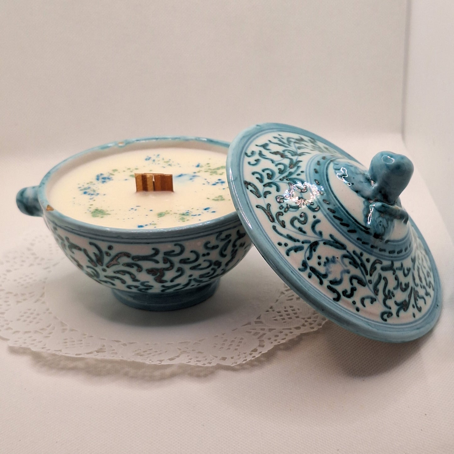 Vintage Deruta Pottery 6 oz Lidded Dish Wood Wick Candles