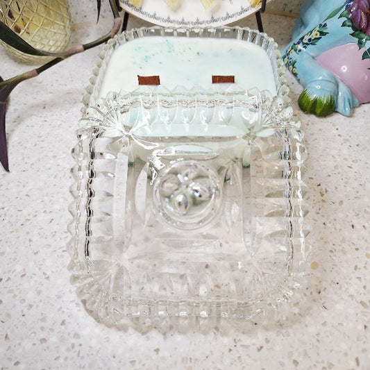 Vintage Lidded Square Pressed Glass Dish 18 oz Soy Wax Candle