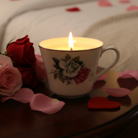 Candle in a decorative teacup with roses and heart-shaped objects on a soft surface