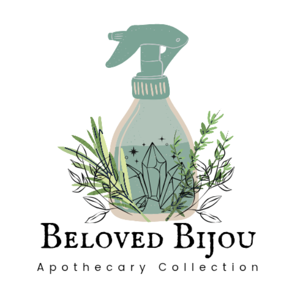Logo for Beloved Bijou Apothecary Collection featuring a spray bottle with crystals and plants.