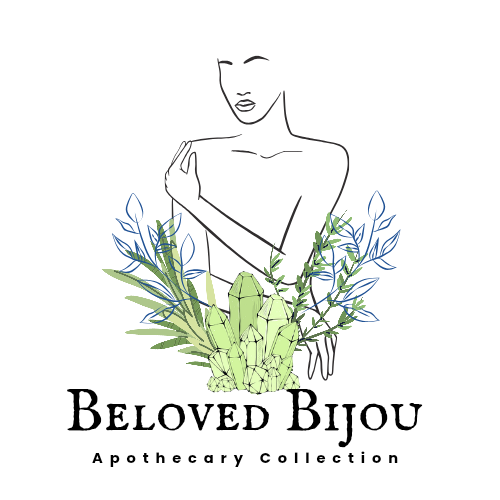 Logo for Beloved Bijou Apothecary Collection featuring a stylized person, plants, and crystals.