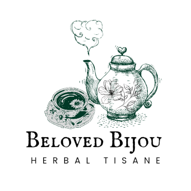 Teapot and cup with 'Beloved Bijou Herbal Tisane' text on a white background