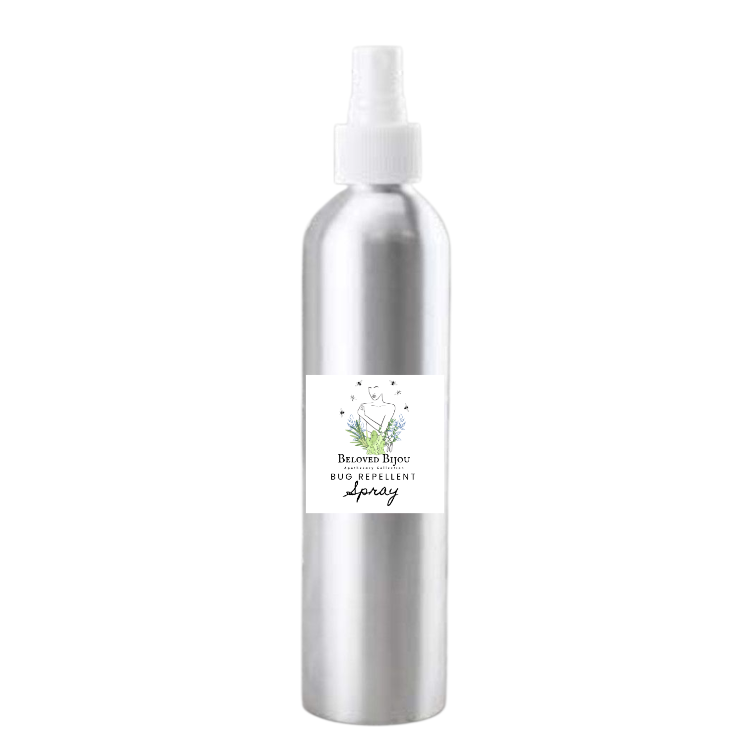Silver bug repellent spray bottle with a label on a white background