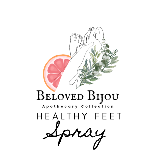 Logo for Beloved Bijou Apothecary Collection Healthy Feet Spray featuring a foot, grapefruit, and leaves.