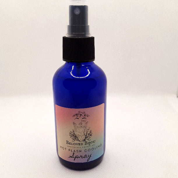 Blue spray bottle with a label on a white background