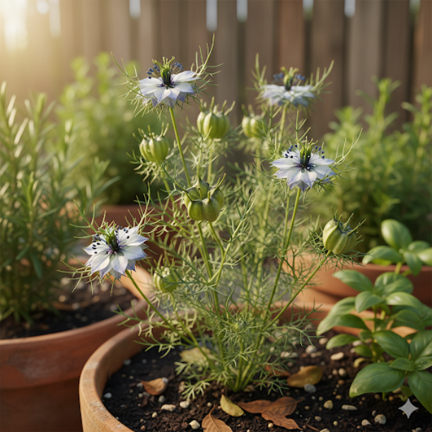 Nigella damascena plants in pots with a wooden fence background