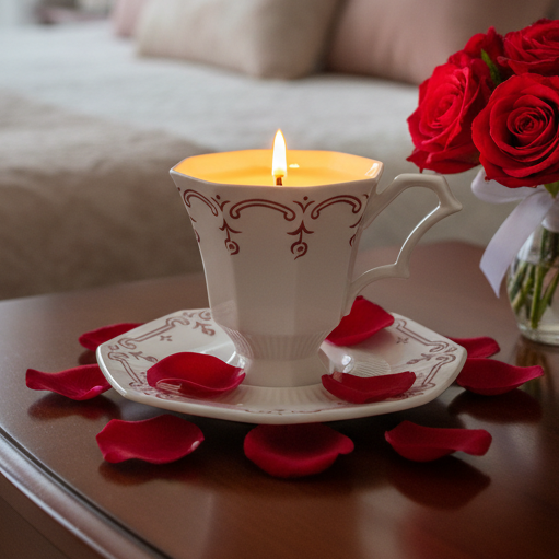 Teacup candle with red roses and petals on a table