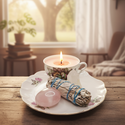 Candle in a teacup on a decorative plate with a ball of sage and crystal on a wooden table.