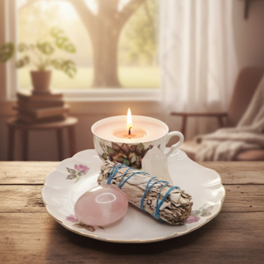 Candle in a teacup on a decorative plate with a ball of sage and crystal on a wooden table.