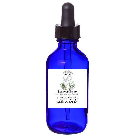 Blue glass dropper bottle with a white label on a white background