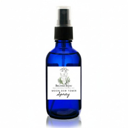 Blue spray bottle with a label on a white background