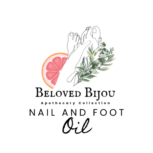 Logo for Beloved Bijou Apothecary Collection nail and foot oil with a foot, grapefruit, and leaves.