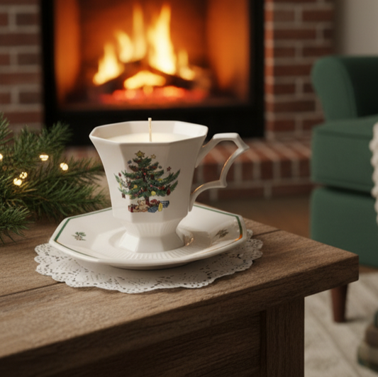 Teacup and saucer candle on a wooden table with a fireplace in the background
