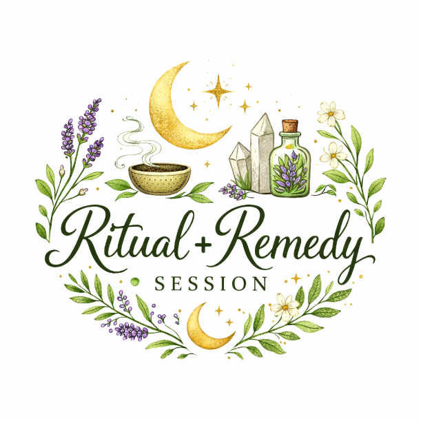Logo for 'Ritual + Remedy Session' with decorative elements like a moon, crystals, and flowers on a white background.
