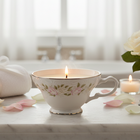 Teacup candle with floral design on a marble surface with soft lighting