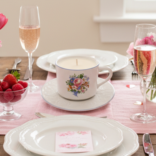 Dining table setting with floral teacup candle, and glasses on a pink tablecloth.