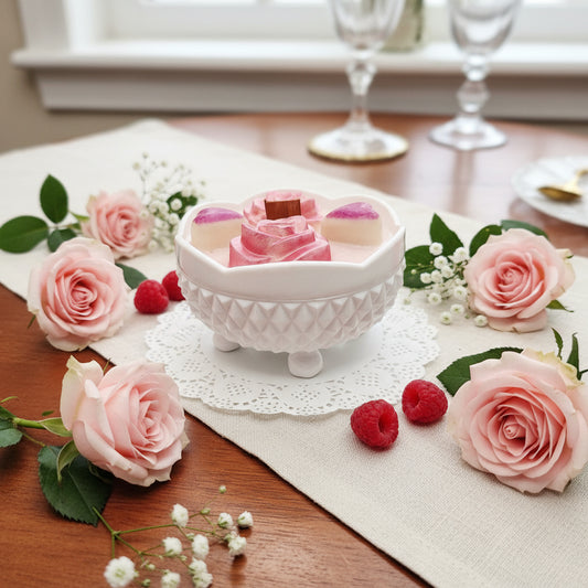 Soy wax candle with pink roses on a white background