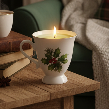 Candle in a decorative mug with holly design on a wooden surface.