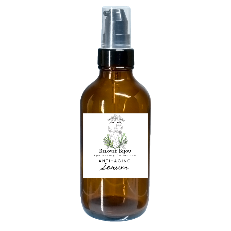 Brown glass bottle with a black spray top labeled 'Beloved Bijou Anti-Aging Serum' on a white background.