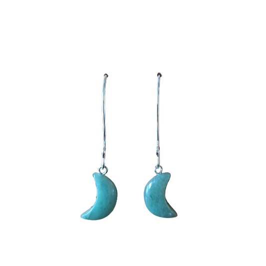 Pair of green aventurine crescent moon earrings on a white background
