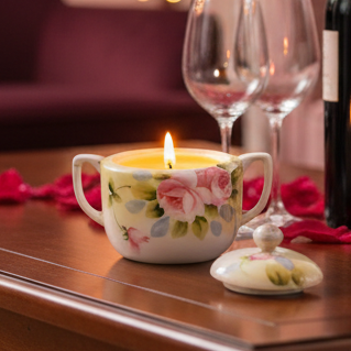 Decorative candle in a teacup with floral design on a wooden surface, surrounded by wine glasses and a bottle.