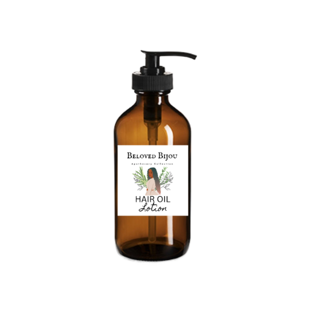 Amber glass bottle with pump labeled 'Beloved Bijou Hair Oil Dotion' on a white background