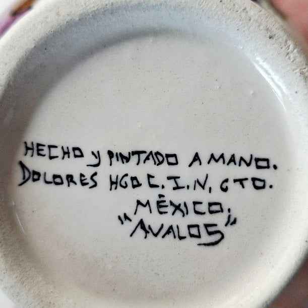 Hand-painted Ávalos pottery mug, Dolores Hidalgo, Guanajuato, Mexico — polychrome floral/geometric folk-art decoration Teacup Soy Wax Candle