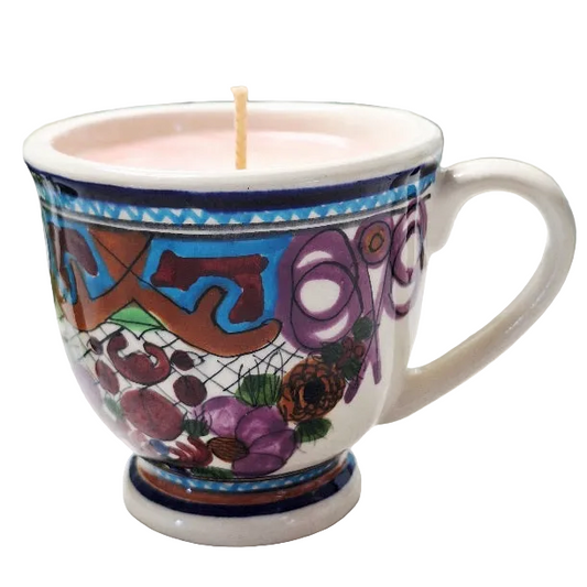 Hand-painted Ávalos pottery mug, Dolores Hidalgo, Guanajuato, Mexico — polychrome floral/geometric folk-art decoration Teacup Soy Wax Candle