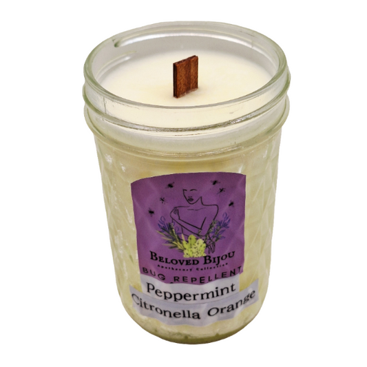 wood wick Jar candle with a purple label on a white background