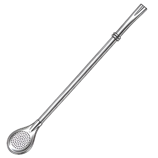 Metallic straw with perforated spoon head on a white background