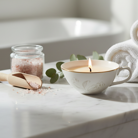 teacup Candle with salt, eucalyptus leaves, and a towel on a marble surface