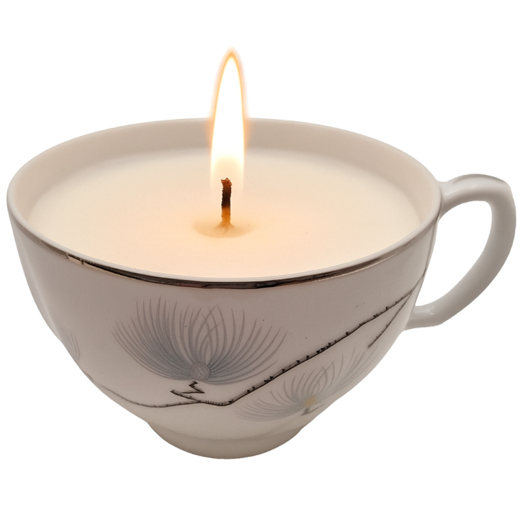 Candle in a teacup with a white background