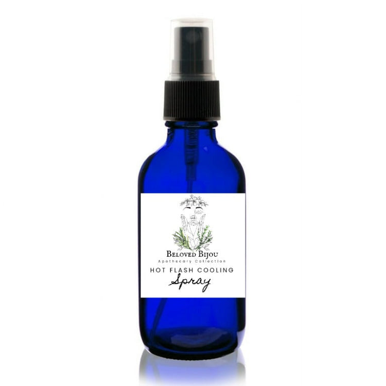 Blue spray bottle with a white label on a white background