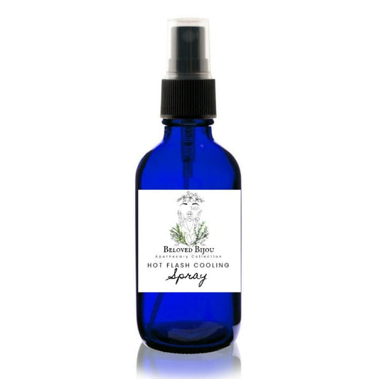 Blue spray bottle with a white label on a white background
