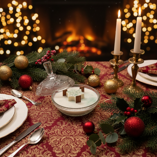 Decorative Christmas table setting with candles, ornaments, and a warm glow from a fireplace.