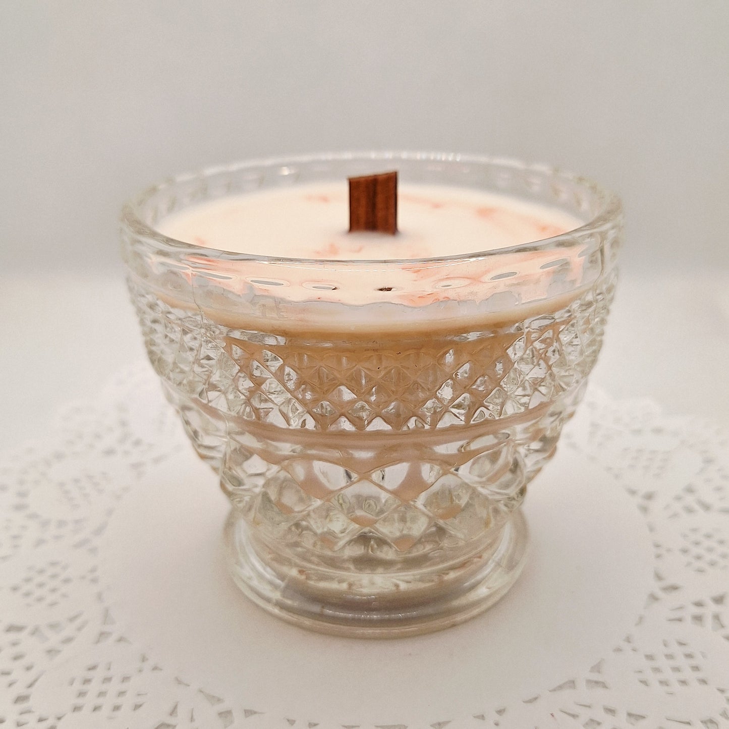 Depression Glass Wood Wick Candle