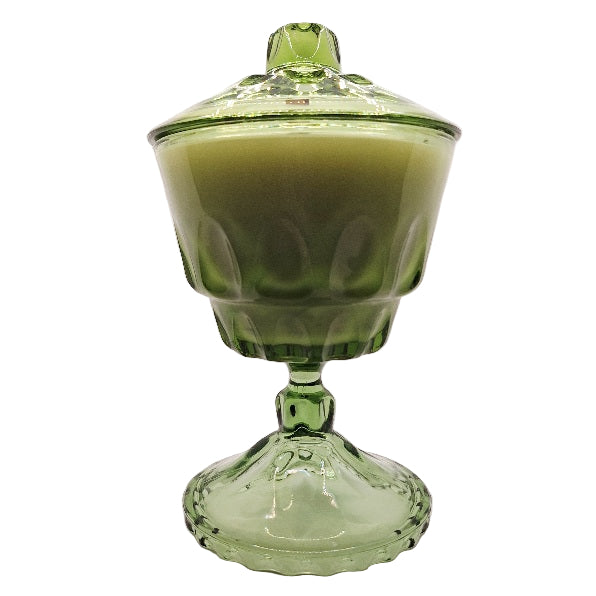 Mid-century Modern Thumbprint Glass Wood Wick Soy Wax Pedestal Candle