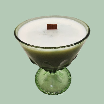 Mid-century Modern Thumbprint Glass Wood Wick Soy Wax Pedestal Candle