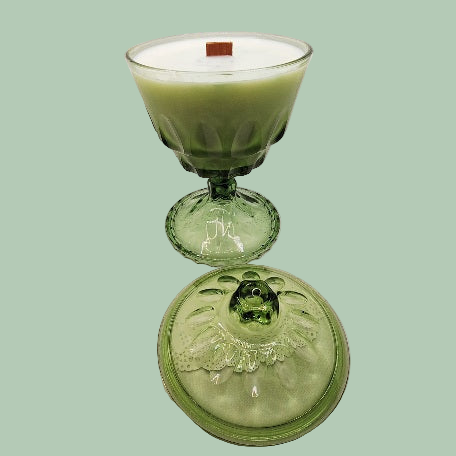 Mid-century Modern Thumbprint Glass Wood Wick Soy Wax Pedestal Candle