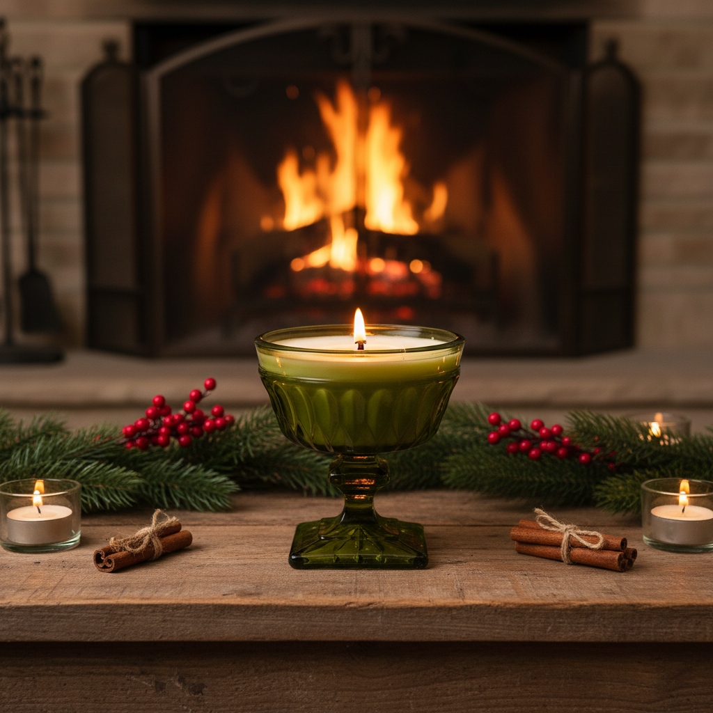 Indiana Glass Wood Wick Soy Wax Pedestal Candle