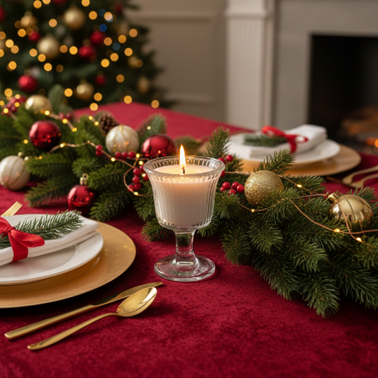 Decorative Christmas table setting with a lit candle, greenery, and festive decorations.