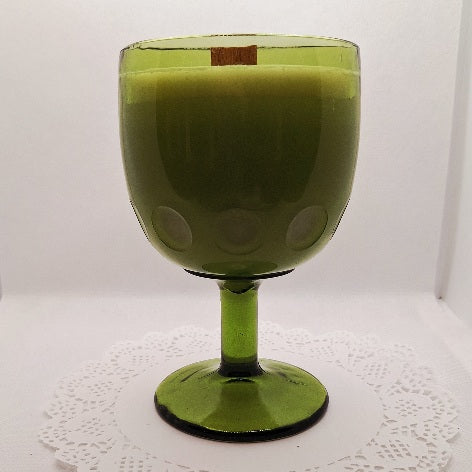 Green Pressed Glass Thumbprint Goblet Wood Wick Soy Wax Candle