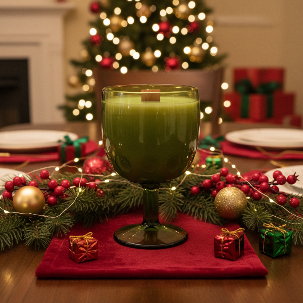 Green Pressed Glass Thumbprint Goblet Wood Wick Soy Wax Candle