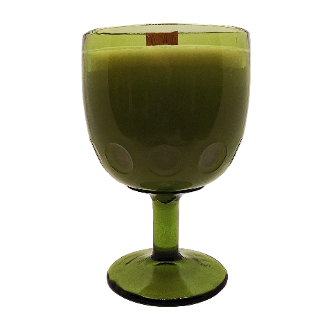 Green Pressed Glass Thumbprint Goblet Wood Wick Soy Wax Candle
