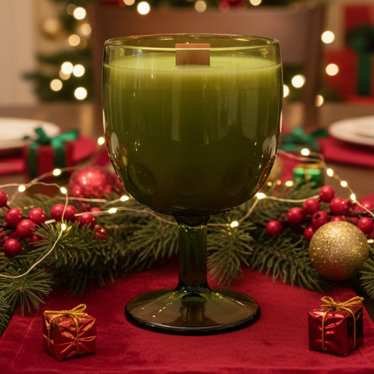 Green Pressed Glass Thumbprint Goblet Wood Wick Soy Wax Candle