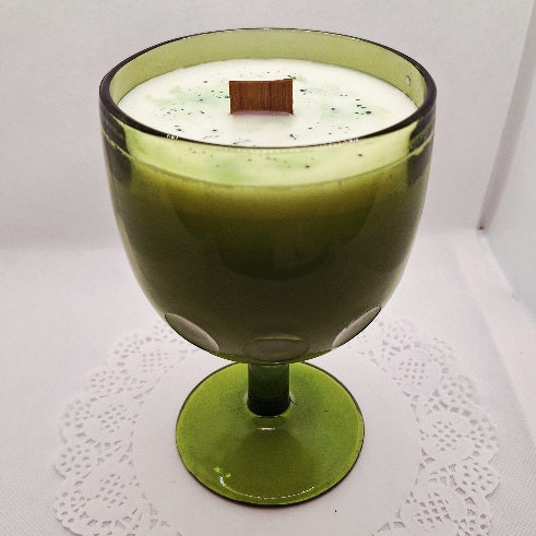 Green Pressed Glass Thumbprint Goblet Wood Wick Soy Wax Candle