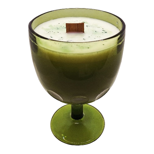 Green Pressed Glass Thumbprint Goblet Wood Wick Soy Wax Candle