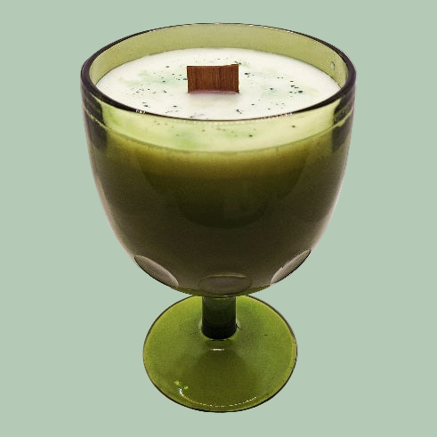 Green Pressed Glass Thumbprint Goblet Wood Wick Soy Wax Candle