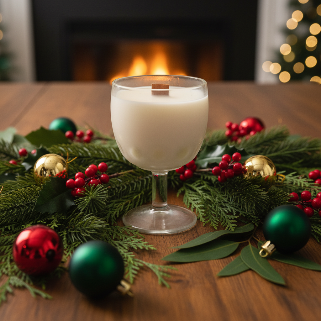 Clear Pressed Glass Thumbprint Goblet Wood Wick Soy Wax Candle