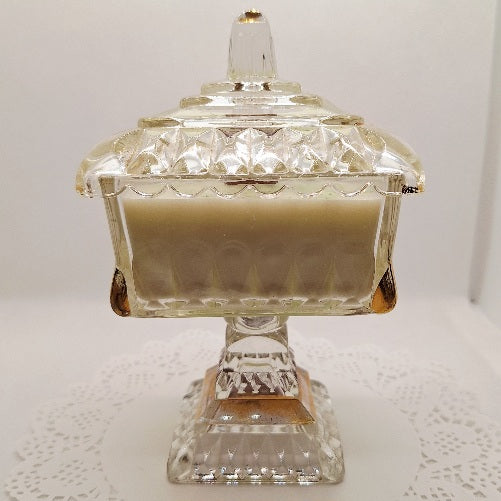 Clear and Gold Gilded Jeanette Glass Pedestal Wood Wick Soy Wax Candle